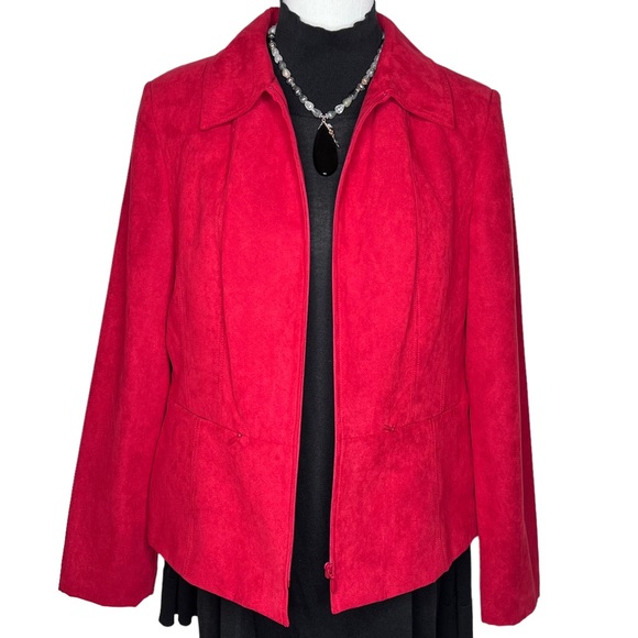 Dress Barn Women’s Red Faux Suede Blazer Jacket Size XL Zip Up Mock Neck Pockets - Picture 5 of 17